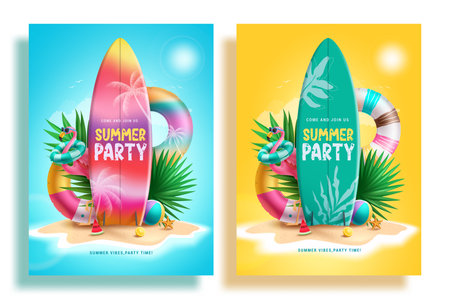 Summer party text vector poster set. Summer party invitation card with surfboard, floaters and flamingo beach elements for holiday vacation postcard collection. Vector illustrationのイラスト素材