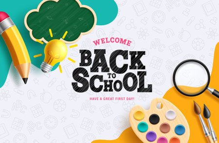 Back to school text vector design. Welcome back to school greeting in doodle space for typography with pencil, bulb, chalkboard and arts materials elements. Vector illustrationのイラスト素材
