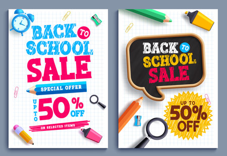 Back to school sale text vector poster set design. Back to school special offer with 50% discount promo for educational shopping promotion lay out collection. Vector illustrationのイラスト素材