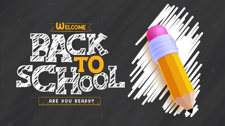 Back to school text vector template design. Welcome back to school greeting in black board space for typography with yellow pencil icons and elements. Vector illustration schoolのイラスト素材