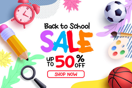 Back to school sale vector banner. School sale 50% off discount promotion text with clock, pencil and balls elements for shopping educational promo background. Vector illustrationのイラスト素材