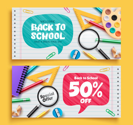 Back to school text vector banner set design. Back to school welcome greeting and sale text with educational elements, material and items for educational promotion and invitationのイラスト素材