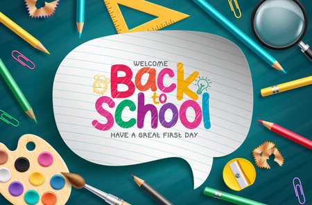 Back to school text vector template. Welcome back to school greeting in paper speech bubble space for typography with color pencil, water color and ruler educational suppliesのイラスト素材