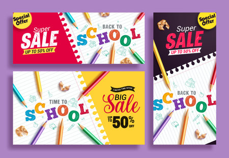 Back to school sale vector banner set. School greeting text and shopping promotion lay out collection for educational bundle brochure and flyers background. Vector illustrationのイラスト素材