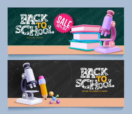 Back to school text vector banner set. Back to school greeting, sale and invitation in chalk board with telescope, books and pencil decoration elements for educational learningのイラスト素材