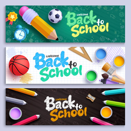 Back to school vector banner set design. Welcome back to school greeting text with pencil, water color, color pencil and brush arts materials for educational lay out collection.のイラスト素材