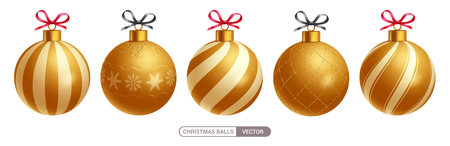 Christmas balls gold vector set design. Gold xmas balls with stripe, glitter, shiny and pattern decoration elements for holiday season ornaments collection. Vector illustrationのイラスト素材