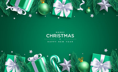 Merry christmas greeting green card vector design. Christmas and happy new year greeting text with pine leaves spruce, gift boxes and stars ornaments in green background.のイラスト素材