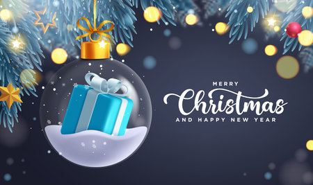 Christmas ball glass vector design. Merry christmas and happy new year greeting text with gift box in ball crystal hanging and spruce garland decoration elements in winter backgrouのイラスト素材