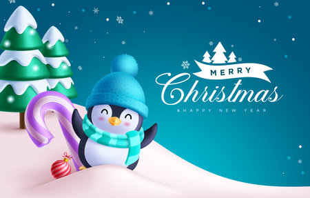 Merry christmas greeting vector design. Christmas penguin character with candy cane and pine tree elements in snow winter background for holiday season. Vector illustration happy nのイラスト素材
