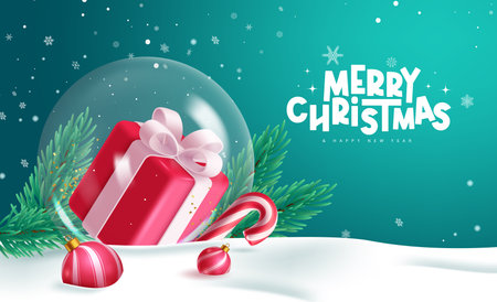 Christmas ball glass vector design. Merry christmas and happy new year greeting text with gift box in crystal round bauble elements for winter season background. Vector illustratioのイラスト素材