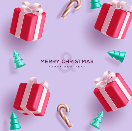 Merry christmas gifts vector template design. Christmas and happy new year greeting text with red gift boxes, pine tree and candy cane decoration elements in purple background. Vecのイラスト素材