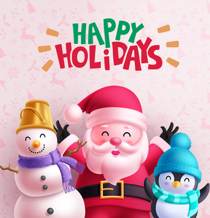 Christmas santa claus characters vector poster design. Happy holidays greeting text with cute santa claus, snow man and penguin characters pattern background. Vector illustrationのイラスト素材