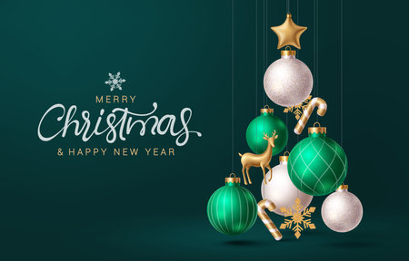 Merry christmas greeting vector design. Christmas hanging balls, glitter bauble, candy cane, snowflakes and gold star decoration elements in xmas tree shape for holiday seasonのイラスト素材