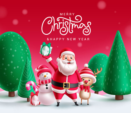 Merry christmas greeting santa claus vector design. Christmas santa claus, snowman and reindeer characters with pine tree in snow winter season background. Vector illustrationのイラスト素材