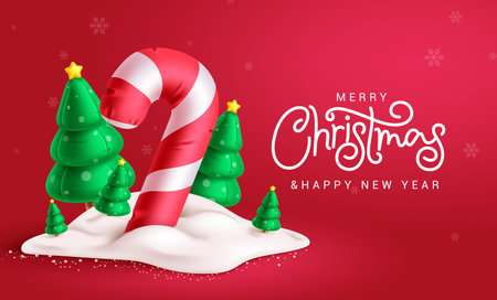 Christmas greeting vector background design. Merry christmas and happy new year greeting text with candy cane balloons, pine tree inflatable and snow decoration elements.のイラスト素材