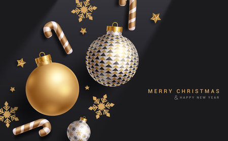 Merry christmas greeting vector background design. Christmas invitation card with pattern gold xmas balls, candy cane, snowflakes and stars ornaments in elegant black background.のイラスト素材