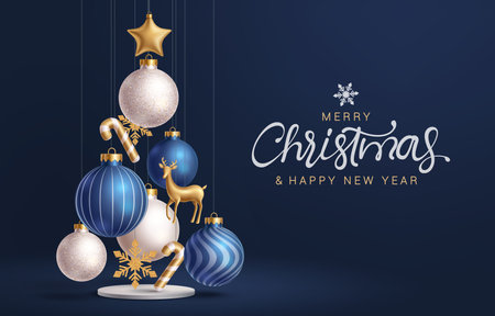 Christmas balls vector design. Merry christmas greeting text with hanging xmas balls, candy cane, snowflakes and stars decoration elements in podium stage elegant blue background.のイラスト素材