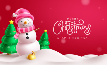 Christmas snowman character vector design. Merry christmas greeting text with snowman character and pine tree balloons in snow red background. Vector illustration holiday seasonのイラスト素材