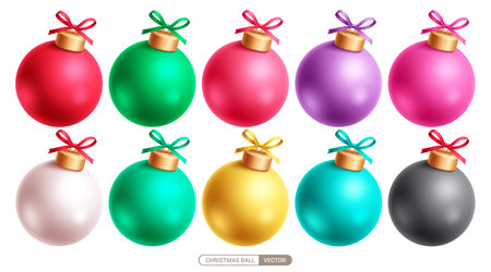 Christmas balls elements vector set design. Christmas ball colorful elements with shiny, glossy, round and sphere shape bauble collection. Vector illustration colorful ball design.のイラスト素材