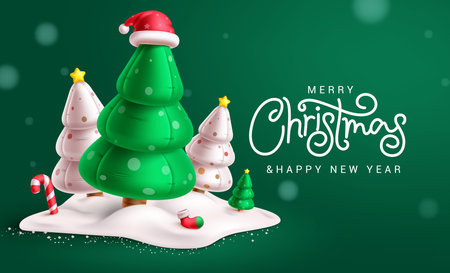 Merry christmas greeting vector background design. Christmas pine tree inflatable balloons in snow frost decoration elements in green background. Vector illustration holiday seasonのイラスト素材