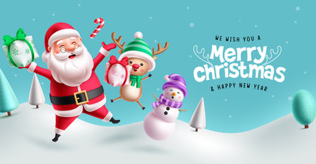 Merry christmas characters greeting vector banner design. Christmas santa claus, reindeer and snow man characters holding xmas gift elements in snow winter background.のイラスト素材