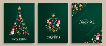 Christmas greetings green card vector poster set. Merry christmas, happy holidays and new year card collection with xmas decoration elements in green elegant background.のイラスト素材