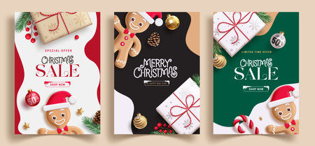 Christmas sale poster banner vector design set. Christmas promotion discount offer flyers collection with ginger bread, xmas balls and gift box decoration elements.のイラスト素材