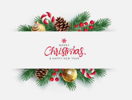 Merry Christmas greeting vector template design. Christmas greeting text in white board space for typography with spruce leaves and candy cane elements in white background.のイラスト素材