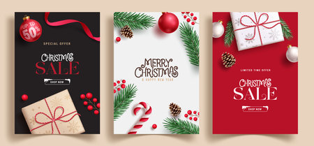 Christmas sale vector poster set design. Merry christmas greeting sale text with xmas elements for shopping flyers holiday season collection. Vector illustration seasonal promotionのイラスト素材