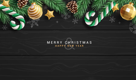 Merry Christmas greeting card vector background design. Christmas and happy new year greeting text in black background with spruce garland elements decoration. Vector illustrationのイラスト素材