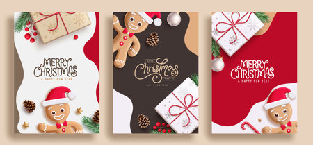 Merry christmas greetings card vector poster set design. Christmas greeting text with ginger bread and gift box decoration elements in abstract background collection.のイラスト素材