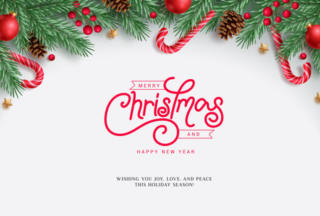 Christmas greeting card vector design. Merry christmas and happy new year greeting text with spruce leaves garland, candy cane, xmas balls and holly berry decoration elements.のイラスト素材