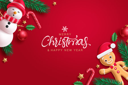 Merry christmas greeting vector template design. Christmas greeting text in red elegant background with snowman, ginger bread, xmas ball and candy cane decoration elements. Vectorのイラスト素材
