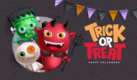 Trick or treat halloween vector design. Happy halloween greeting text with demon, zombie and mummy characters with pattern and print background. Vector illustrationのイラスト素材