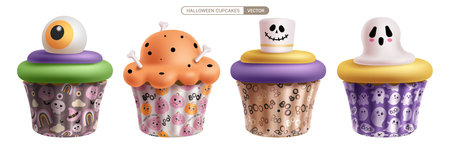 Halloween cupcake vector set design. Cupcakes halloween 3d cute creepy elements with eyeball, ghost and marshmallow icing collection isolated in white background.のイラスト素材