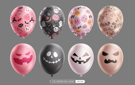 Halloween balloons vector set design. Balloons Halloween inflatable collection with creepy face, skittish print and scary decoration elements. Vector illustration horror balloonのイラスト素材