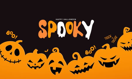 Halloween spooky greeting text vector background design. Happy halloween greeting with orange pumpkins scary, creepy and horror characters. Vector illustration trick or treat cardのイラスト素材