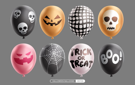 Halloween balloons vector set design. Balloons Halloween inflatable collection with creepy face, skittish print and scary decoration elements. Vector illustration horror balloonのイラスト素材