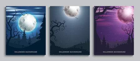 Halloween full moon vector poster set background. Halloween background with full moon night in forest template collection for horror scary invitation card design.のイラスト素材