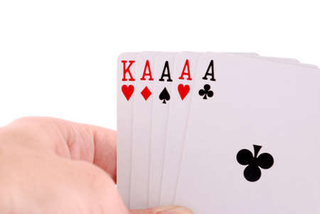 Playing card on hand on the white background