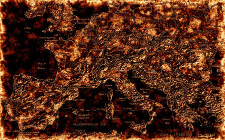Ilustration of Crisis in Europe  Burning old map as a symbol of social riots in Eurozone の写真素材