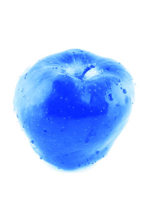 Blue GMO apple with water drops on white backgroundの写真素材