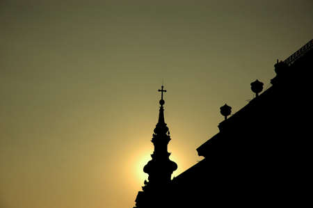 Christian temple silhouette on a sunrise backgroundの写真素材