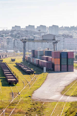 Cargo train platform with freight train container at depotの写真素材
