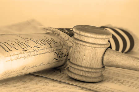 United States Constitution, gavel and USA flag, SEPIA TONEの写真素材