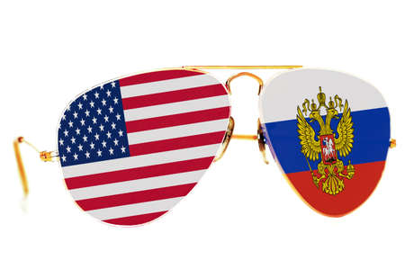 sunglasses with the flag of Russia and the United States of Americaの写真素材