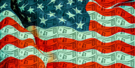 a background of one US dollar banknote with the flag of the United States