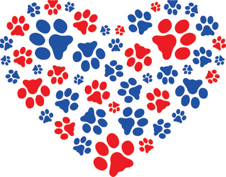 Blue and red cat or dog tracks of various sizes are folded into a heart shape.のイラスト素材