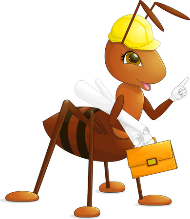Red ant architect engineer builder with antennae and brown eyes in a yellow construction helmet with the drawing and orange briefcase with claspのイラスト素材